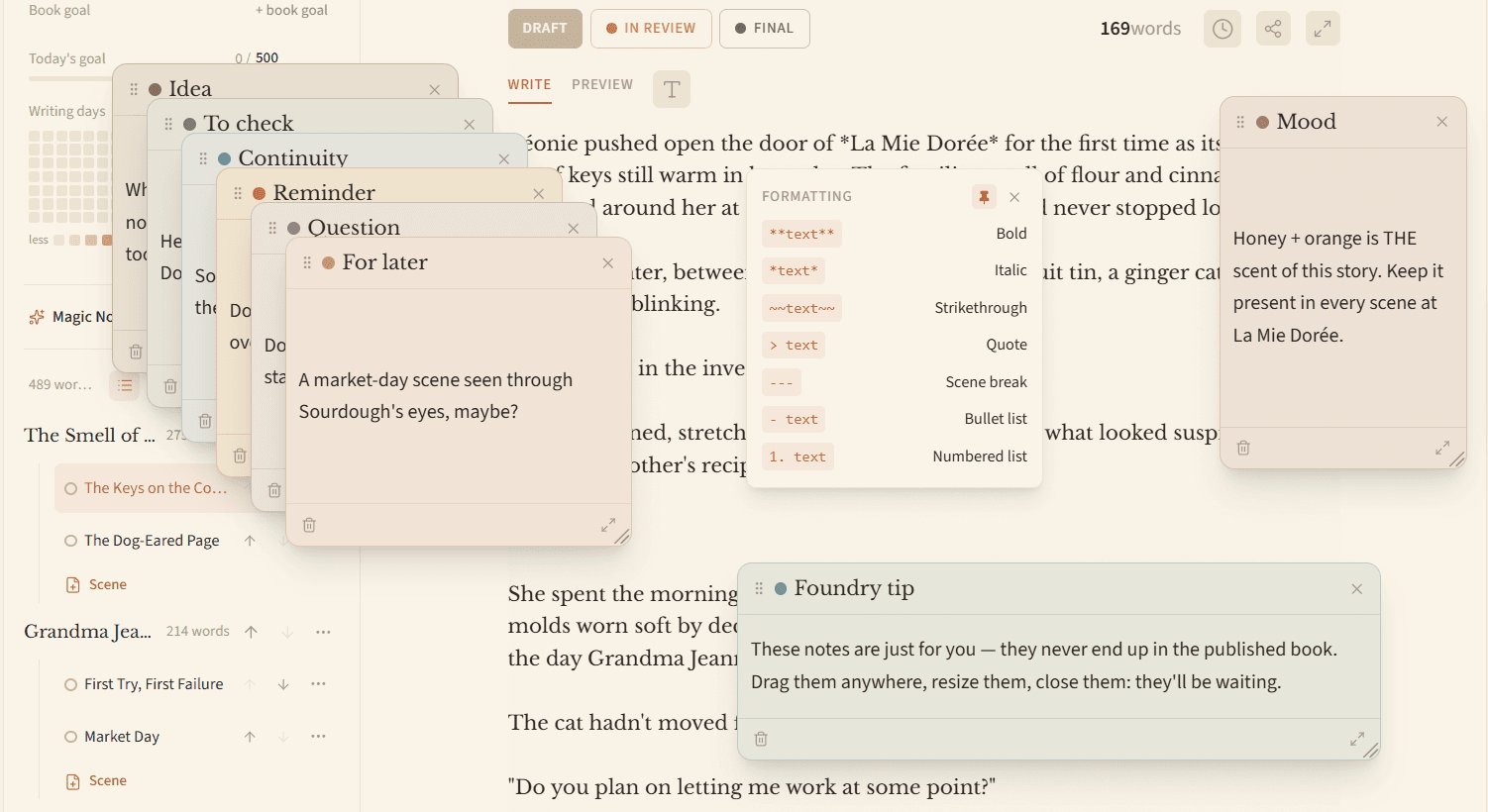 Plusieurs Magic Notes éparpillées sur une page de manuscrit dans The Foundry